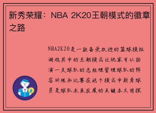 新秀荣耀：NBA 2K20王朝模式的徽章之路